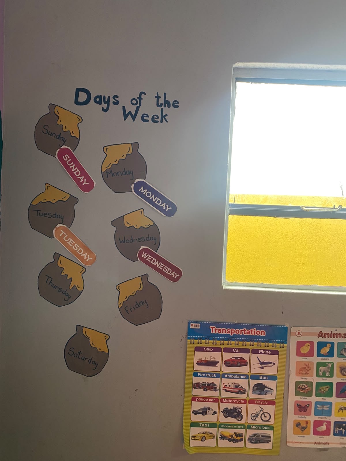 Days of the week honey pots painted on the classroom wall