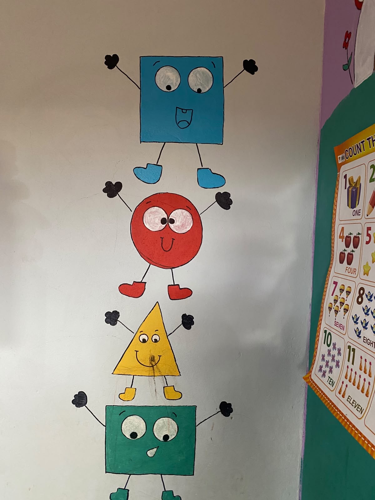 Painted shape characters with faces and shoes on the classroom wall
